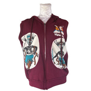 Vintage Maroon Sleeveless Hoodie Apache Crown Dancers Zip Up USA Made Large